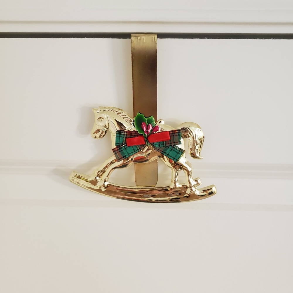 Vintage Rocking Horse Christmas Wreath Hanger Metal Gold Tone